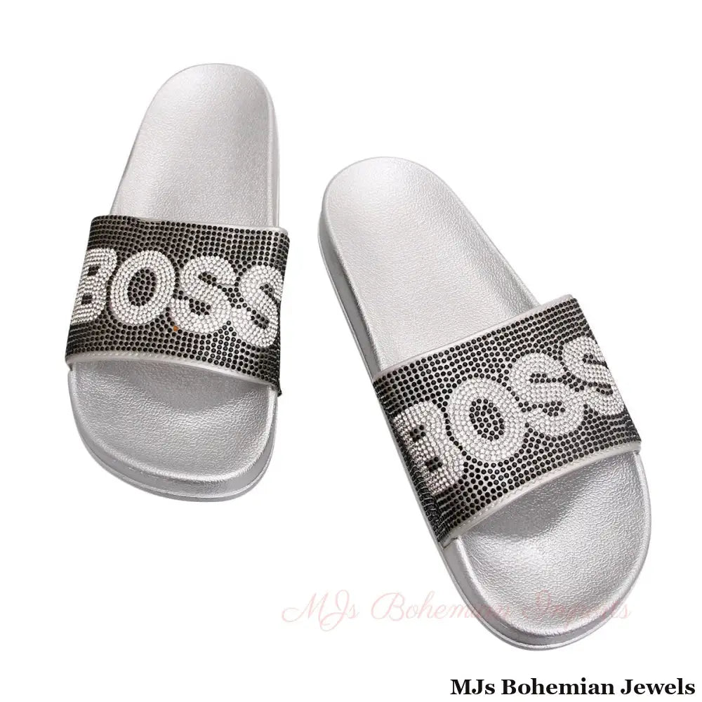 Size 10 Black BOSS Silver Slides