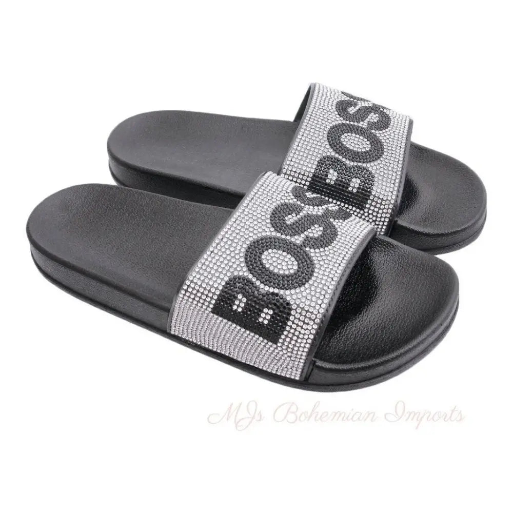 Size 11 Silver BOSS Black Slides