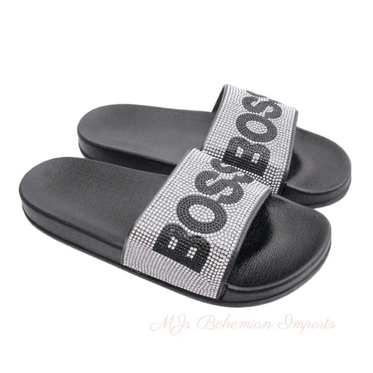 Size 7 Silver BOSS Black Slides