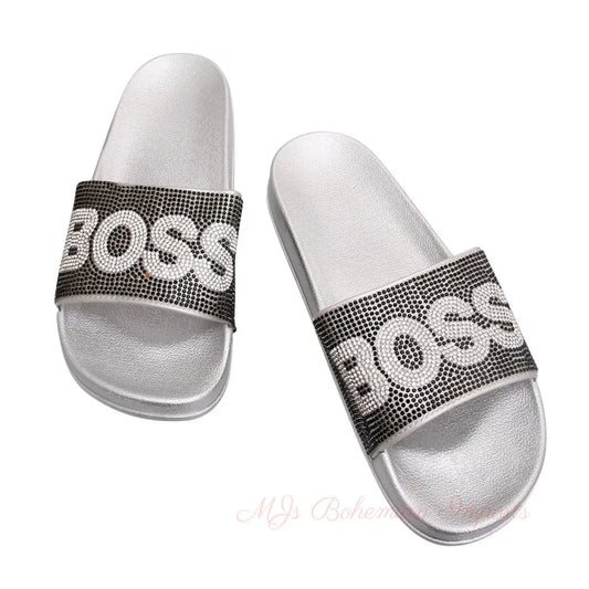 Size 9 Black BOSS Silver Slides