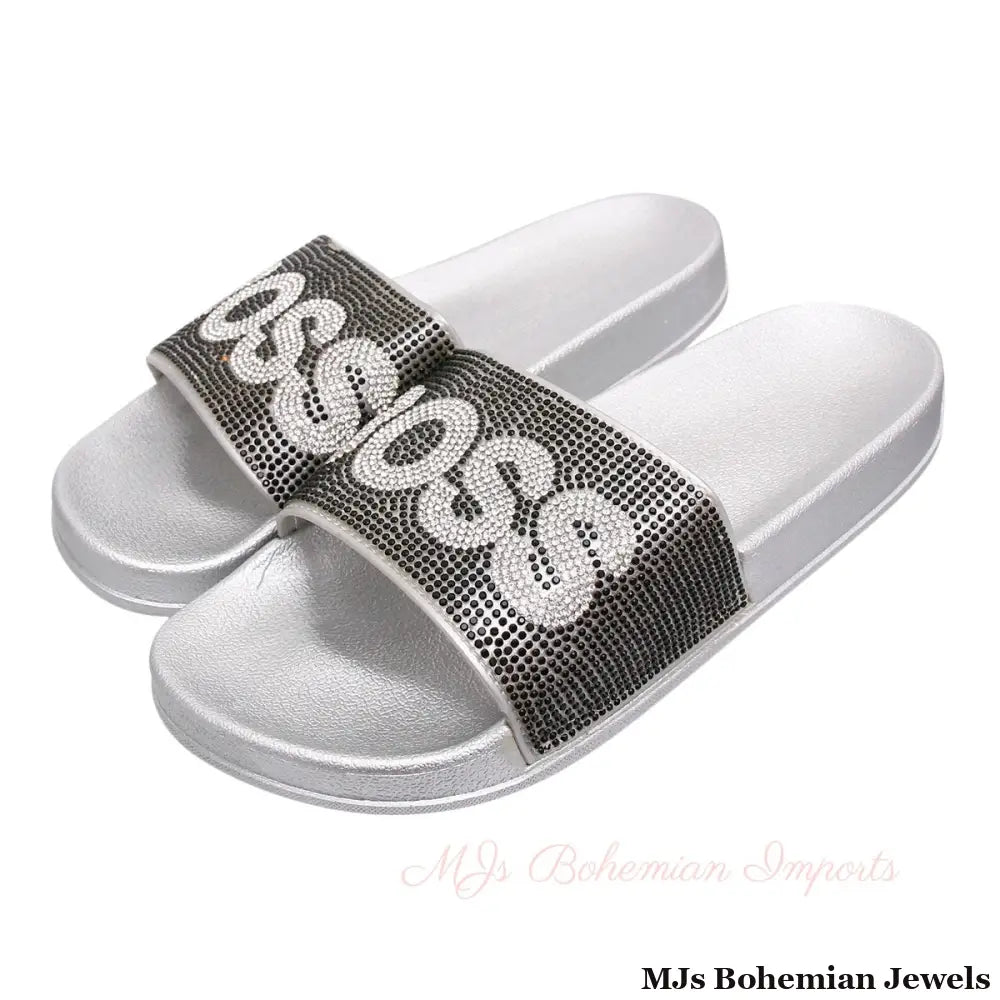 Size 9 Black BOSS Silver Slides