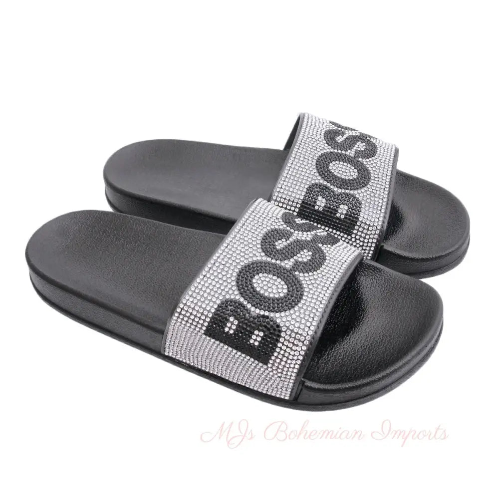 Size 9 Silver BOSS Black Slides