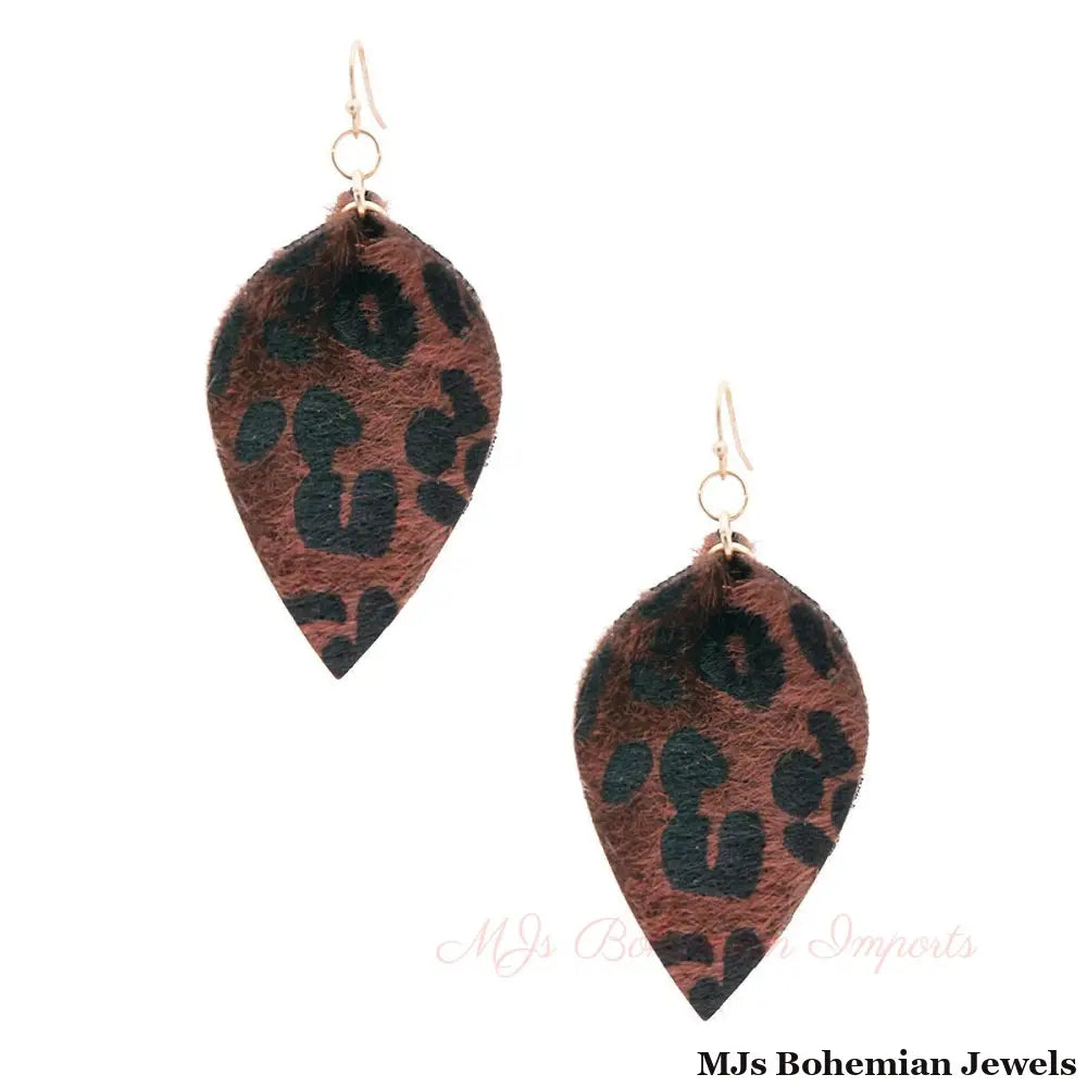 Small Brown Leopard Fur Leaf Earrings