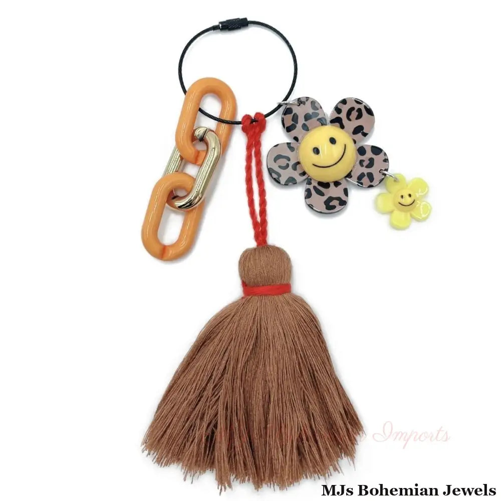 Smiley Leopard Flower Keychain Bag Charm