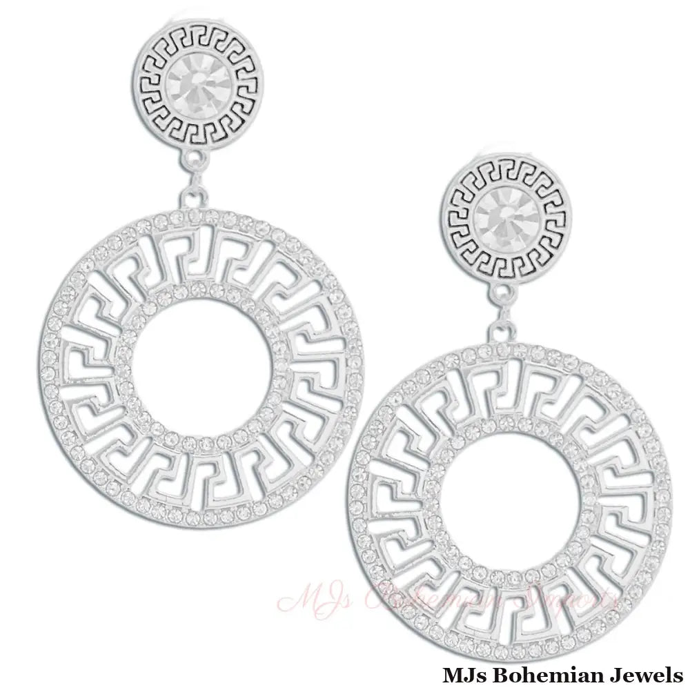 Sparkle in Style: Silver Rhinestone Greek Key Earrings- 3 Inches
