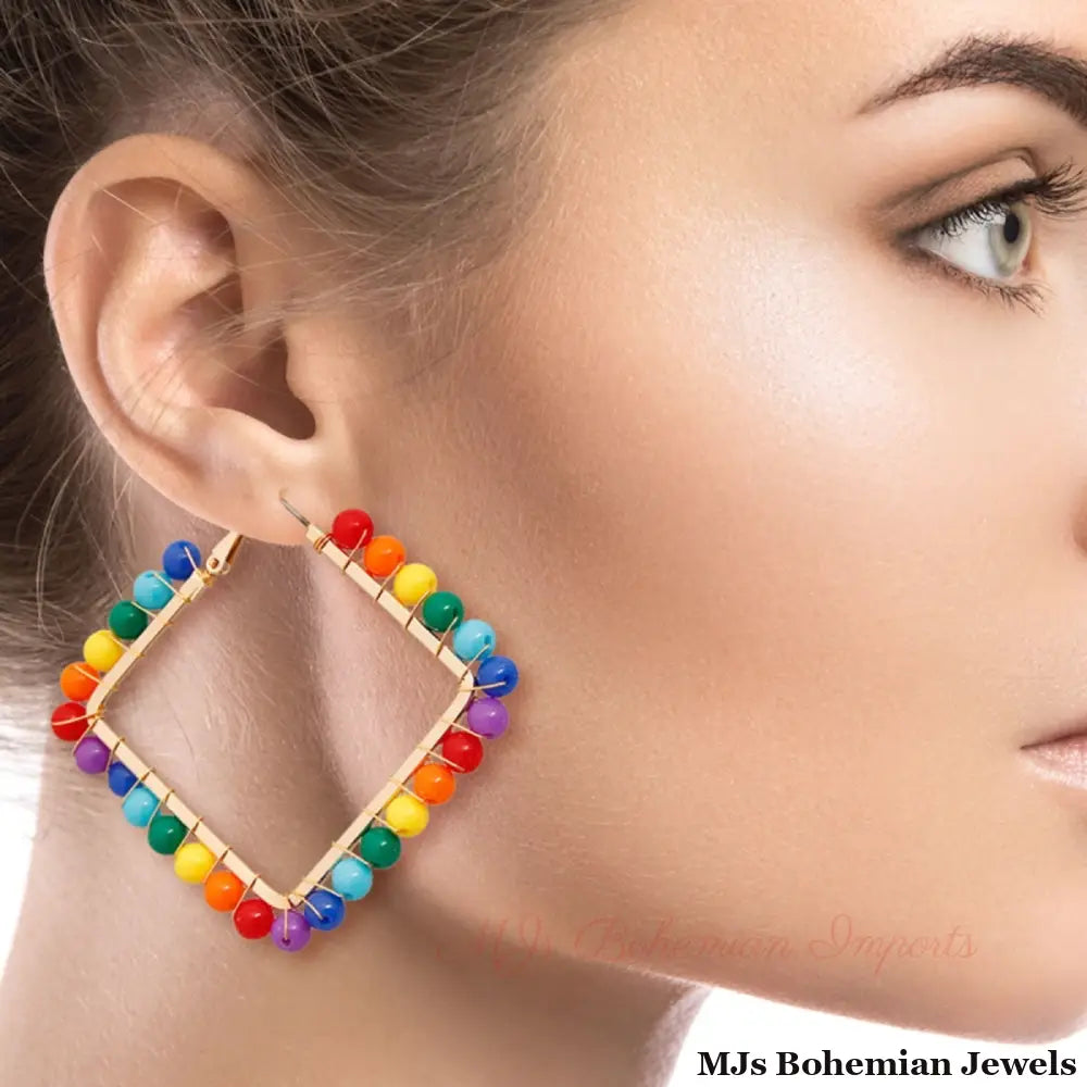Square Rainbow Bead Earrings