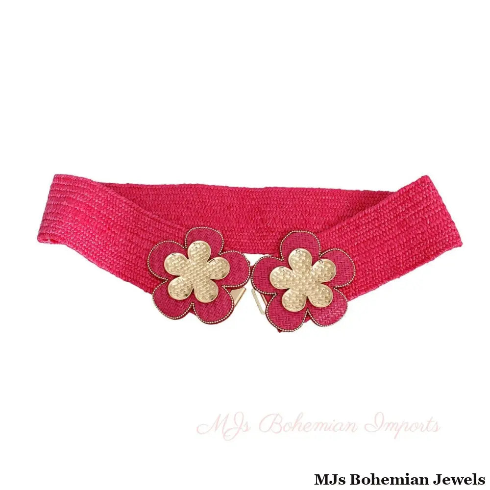 Stretch Belt Raffia Fuchsia Flower for Women