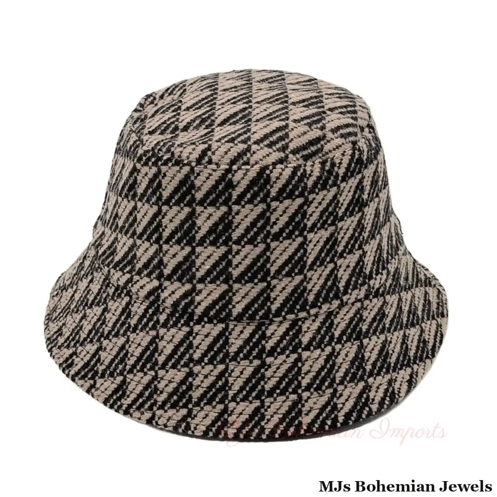 Taupe Geo Pattern Topstitch Bucket Hat