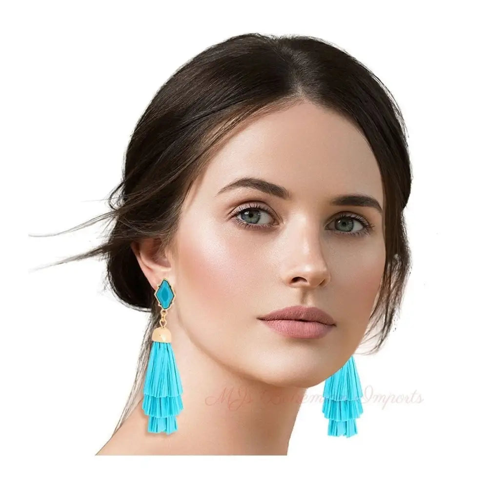 Teal Raffia Stacked Tassel Earrings