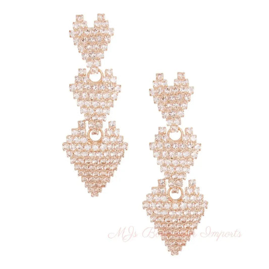 Triple Heart Pave Gold Earrings