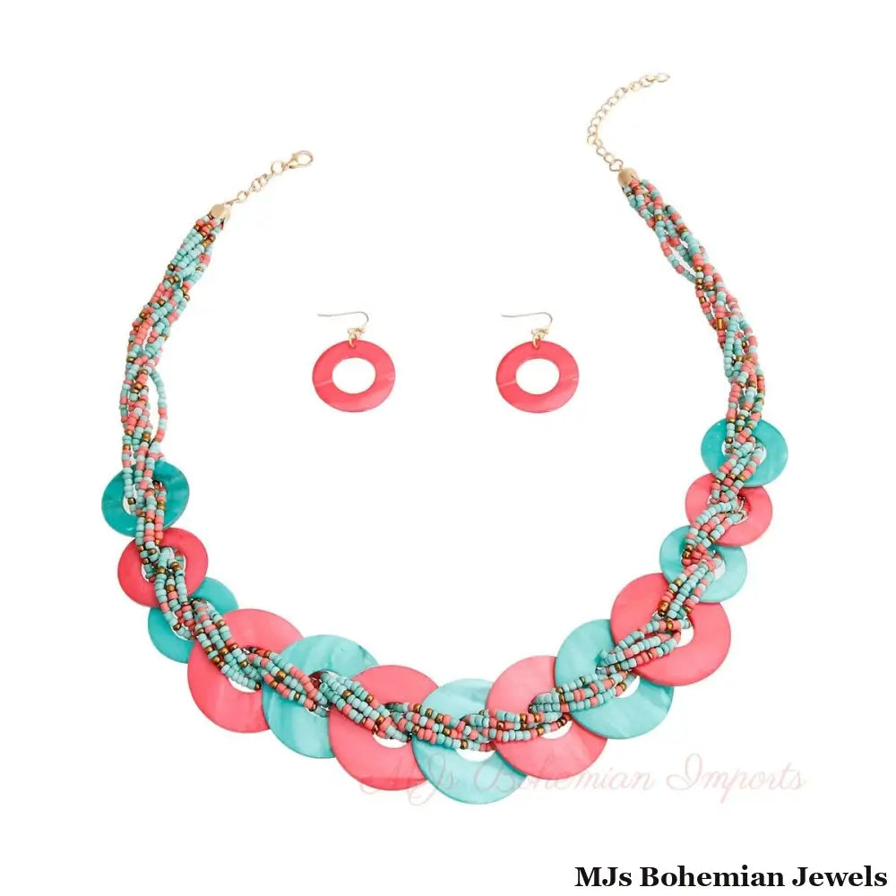Turquoise and Coral Bead Disc Necklace