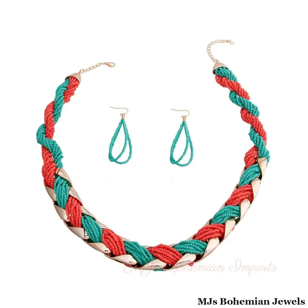 Turquoise and Coral Bead Twisted Necklace