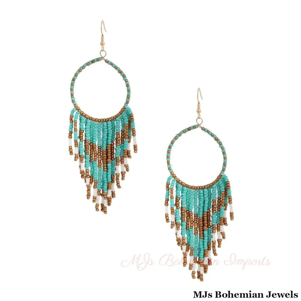 Turquoise and Gold Bead Fringe Circle Earrings