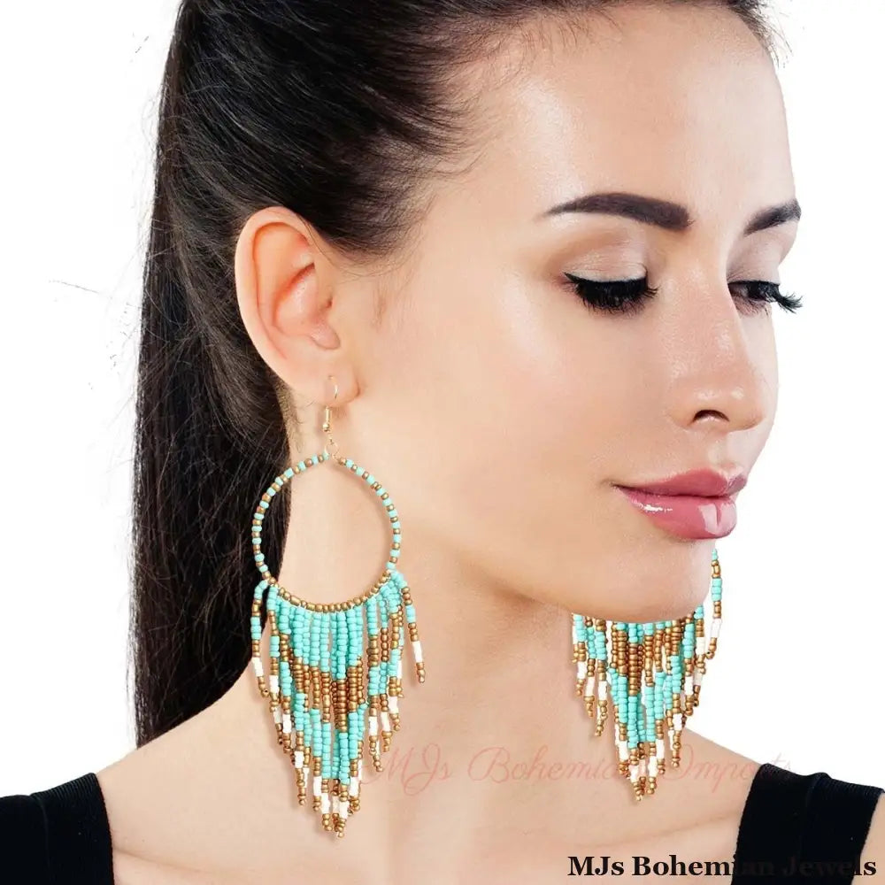 Turquoise and Gold Bead Fringe Circle Earrings