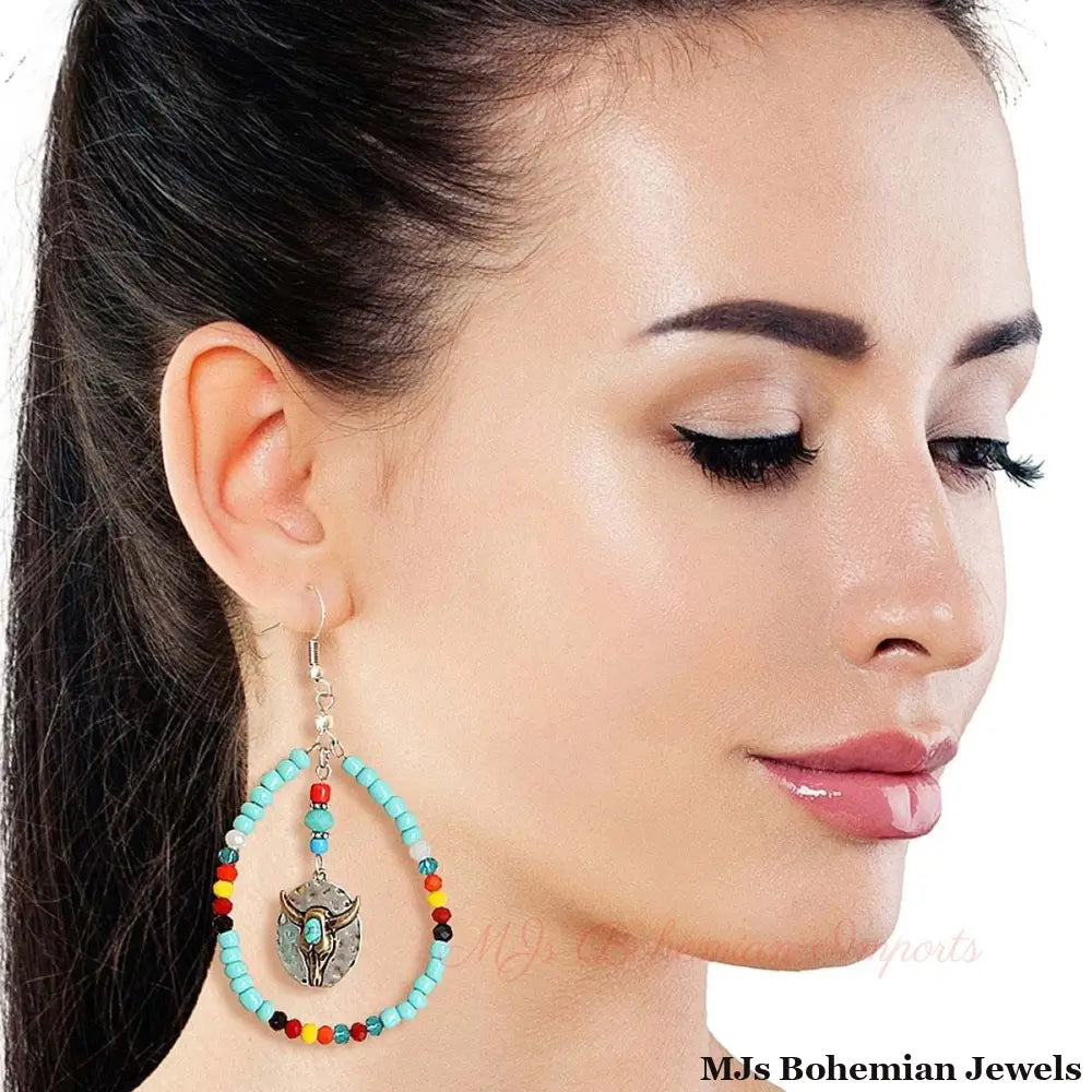 Turquoise Bead Teardrop Longhorn Earrings