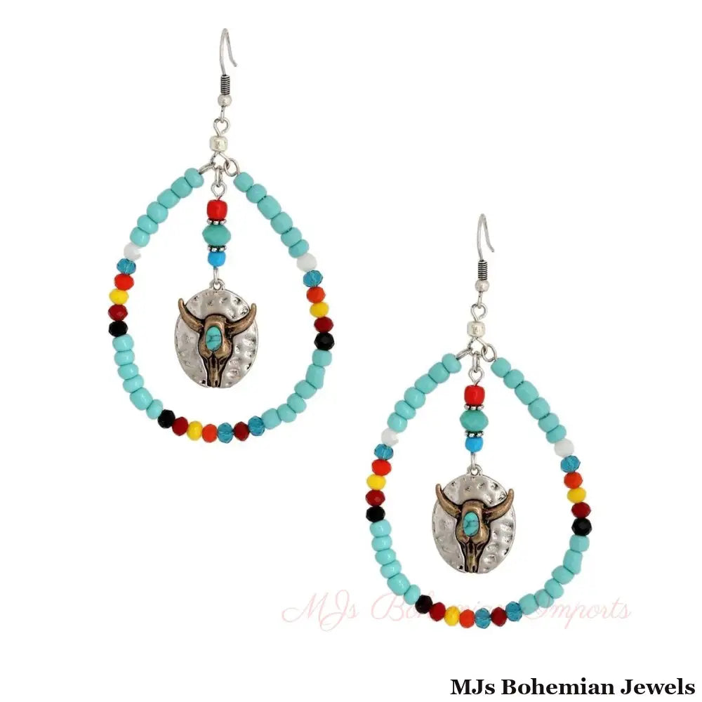 Turquoise Bead Teardrop Longhorn Earrings