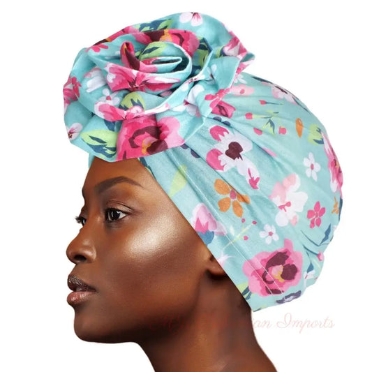 Turquoise Floral Flower Knot Turban