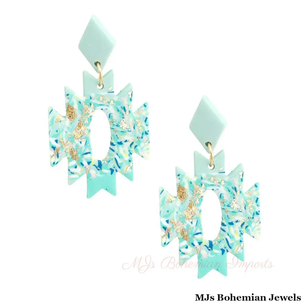 Turquoise Marbled Clay Aztec Earrings