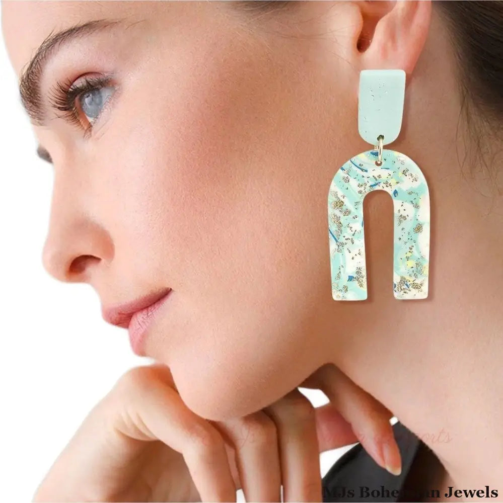 Turquoise Marbled Clay U Drop Earrings