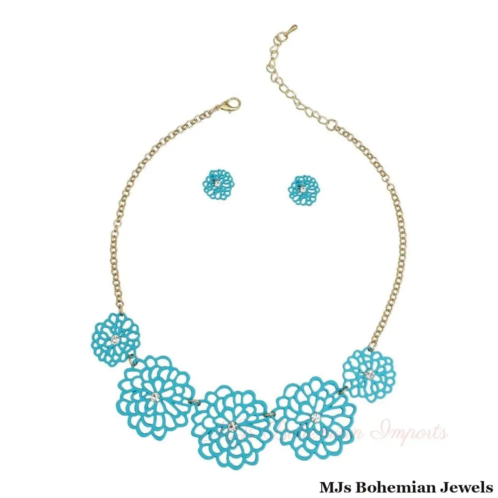 Turquoise Matte Metal Cut Out Flower Necklace