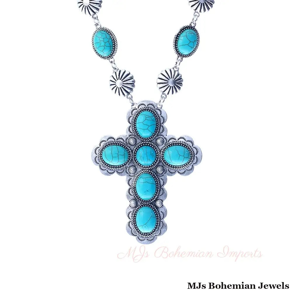 Turquoise Stone Silver Cross Necklace