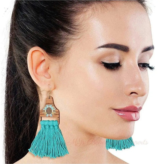 Turquoise Tassel Wooden Earrings