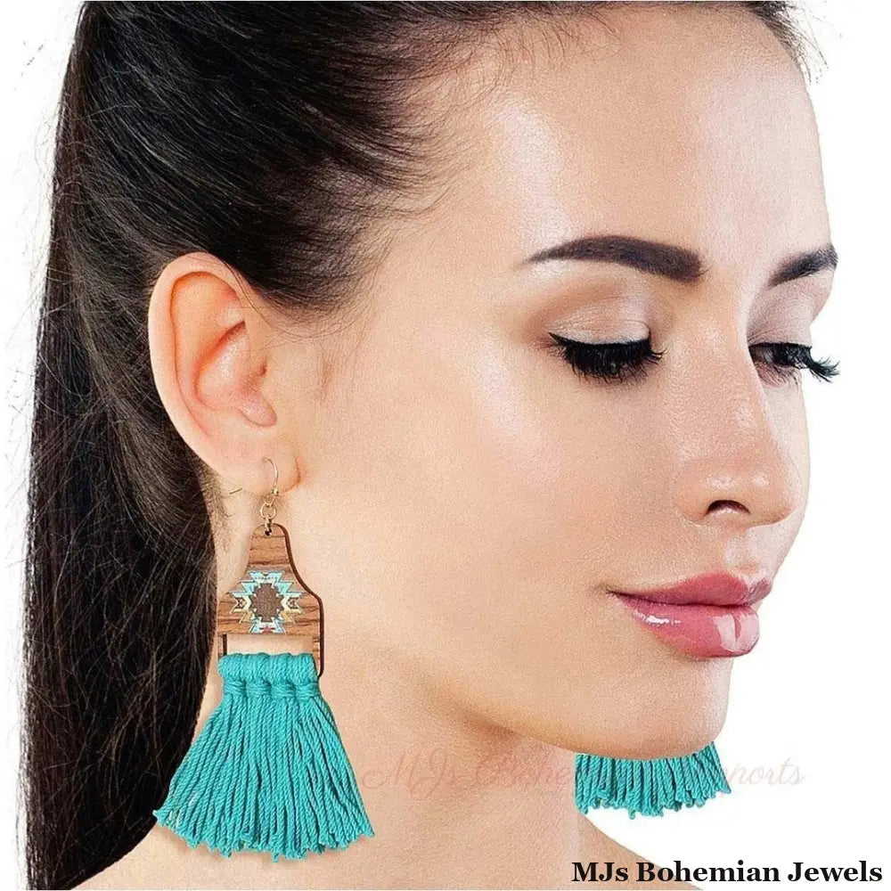 Turquoise Tassel Wooden Earrings