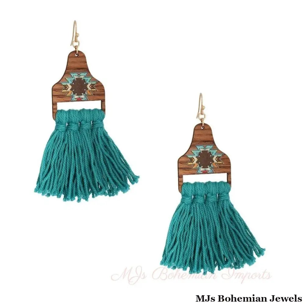 Turquoise Tassel Wooden Earrings