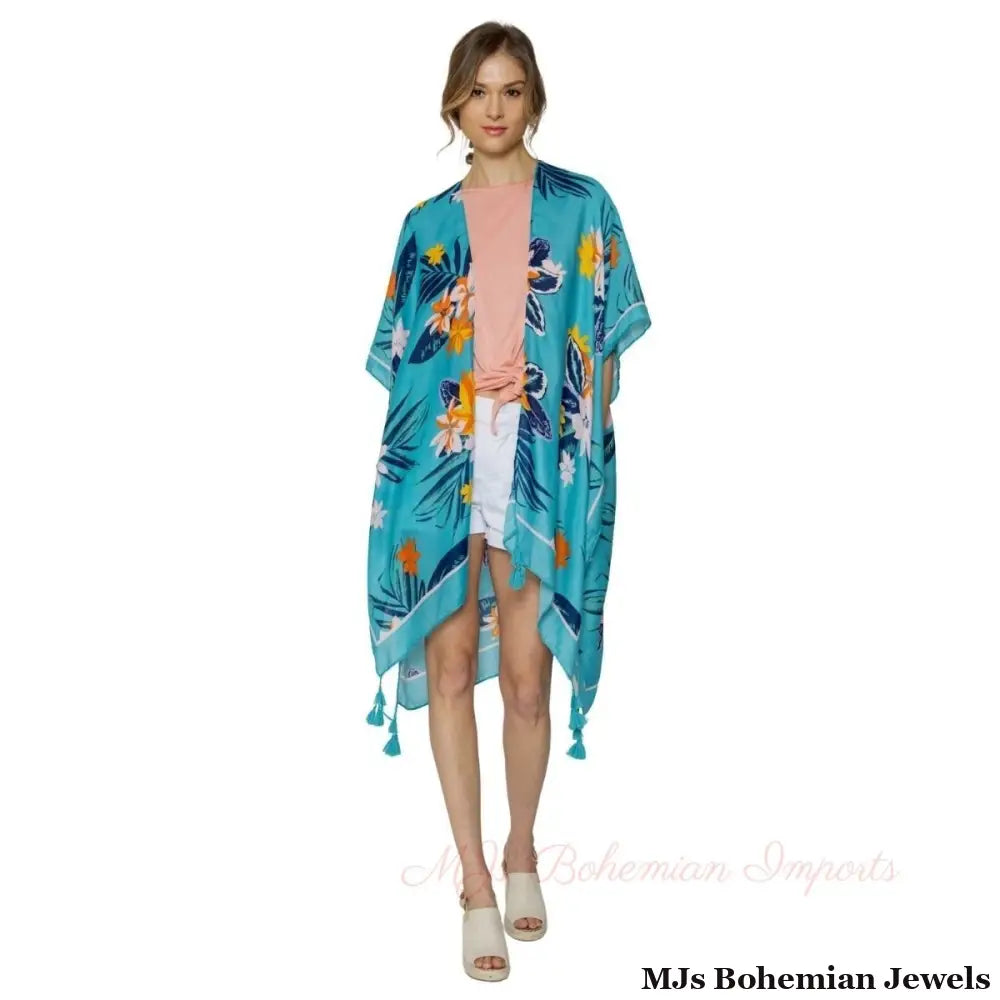 Turquoise Tropical Floral Tassel Kimono
