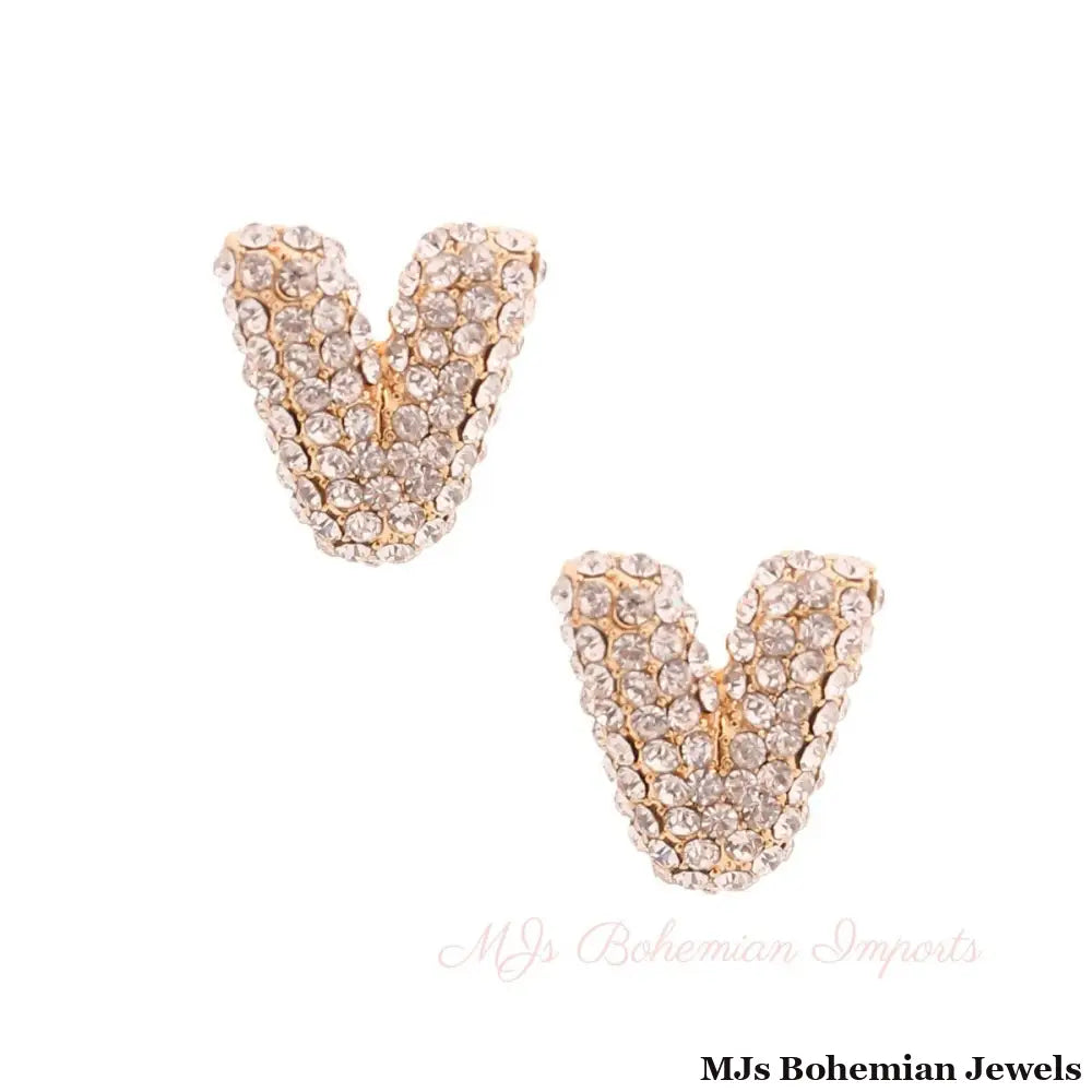 V Rhinestone Gold Studs