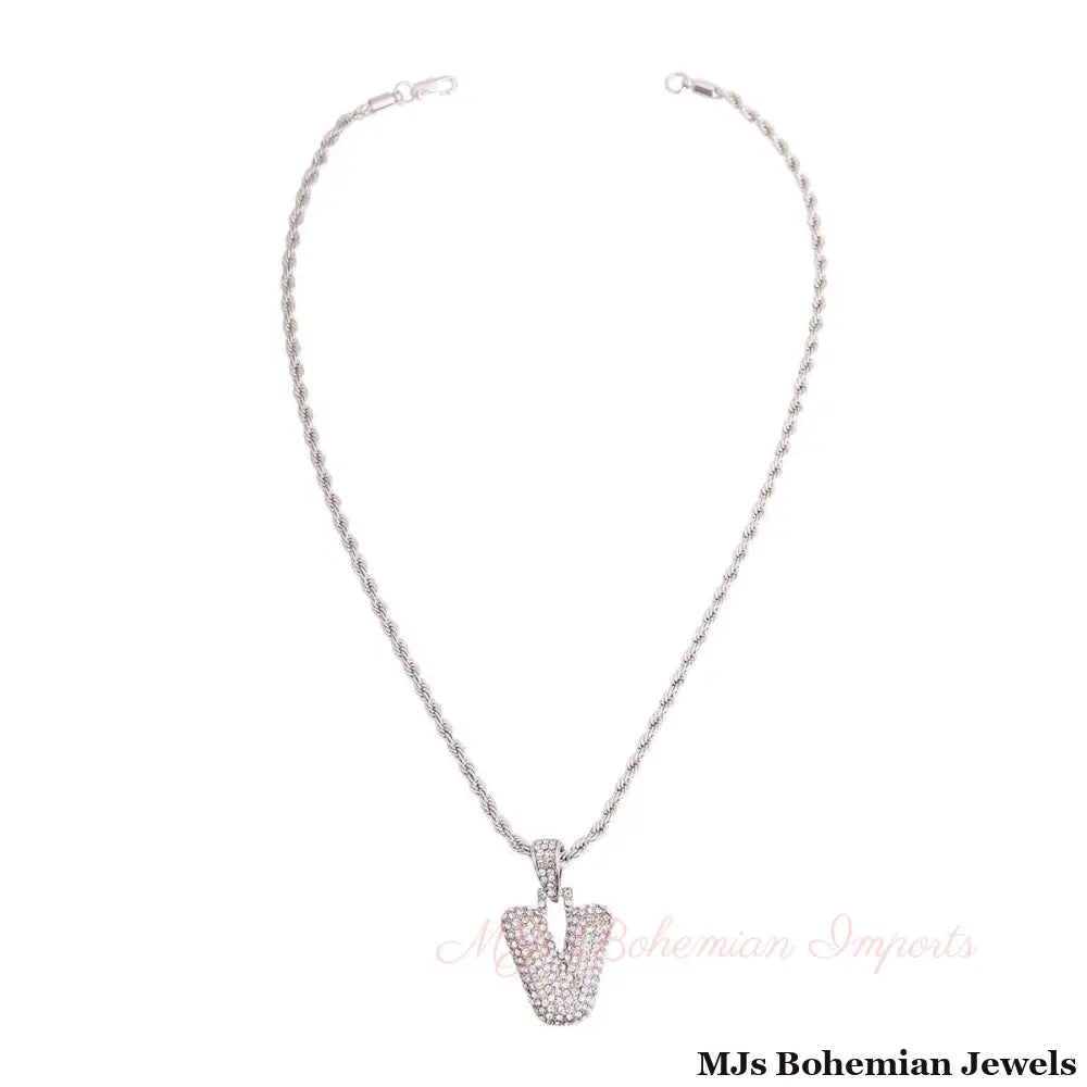 V Rhinestone Silver Necklace