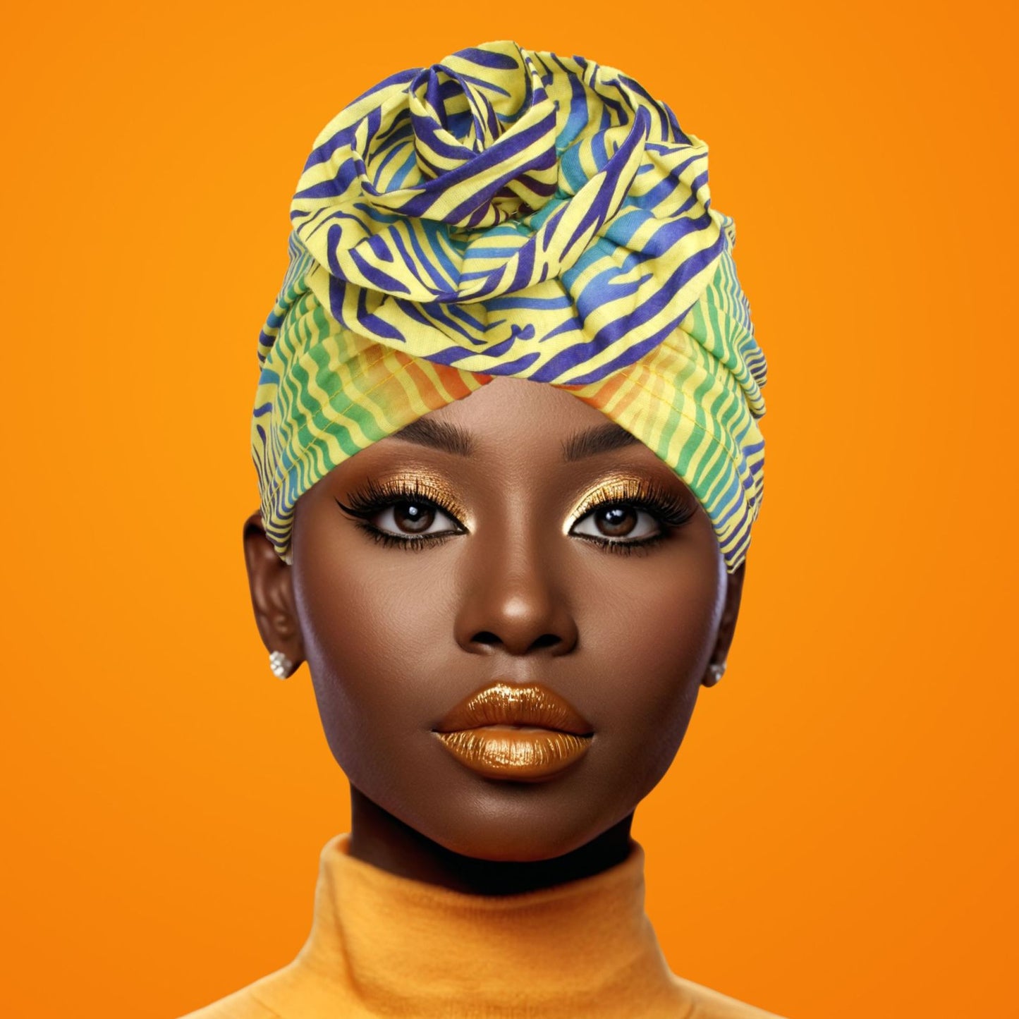 Turban Pre-Tied Flower Yellow Blue Zebra Women