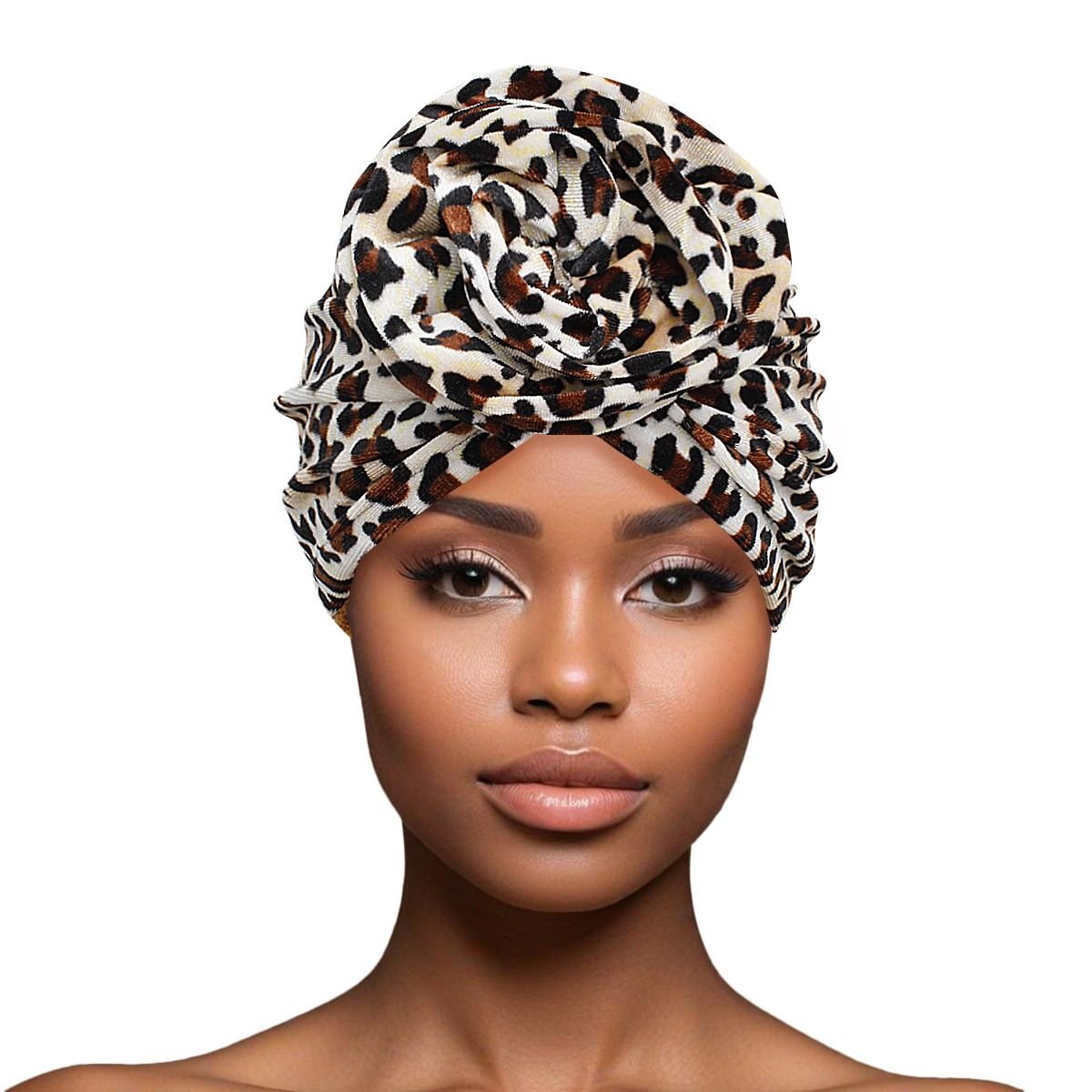 Turban Pre-Tied Flower Velvet Jaguar Print Women