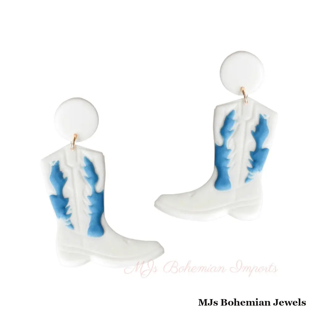 White and Blue Clay Boots Earrings