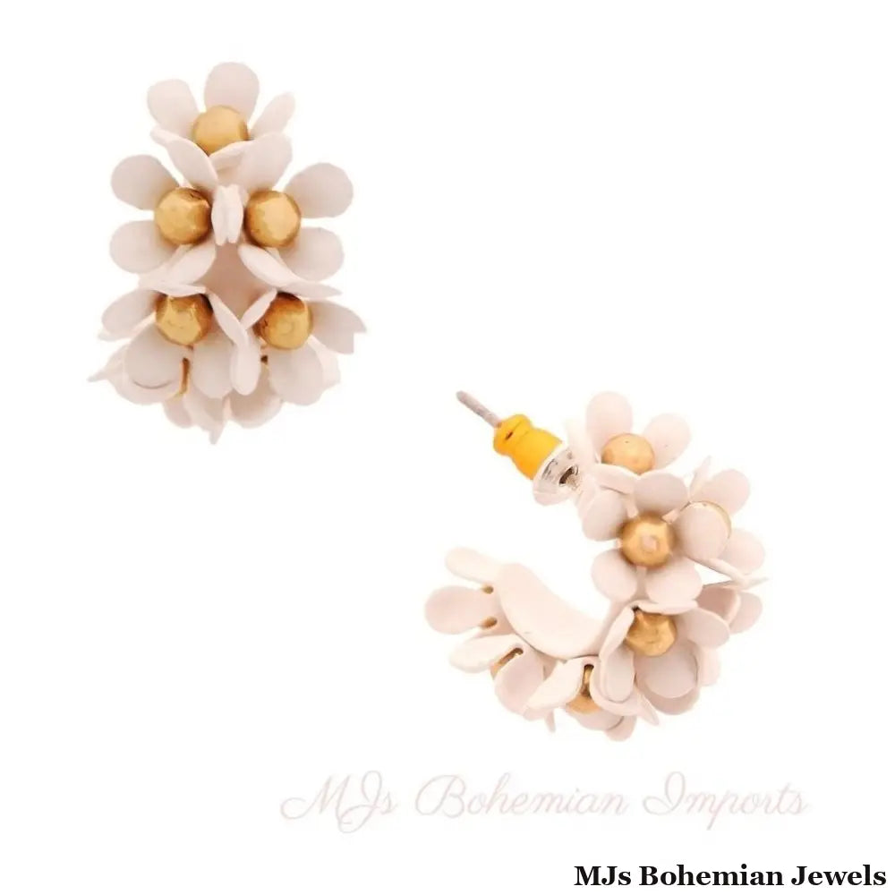 White Flower Hoop Earrings