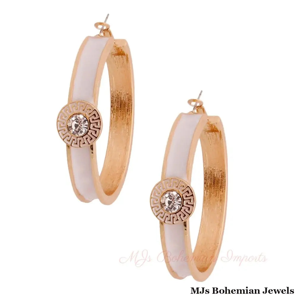 White Greek Medallion Heavy Hoops