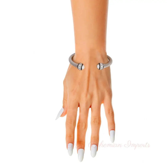 White Pearl Twisted Cable Silver Bangle