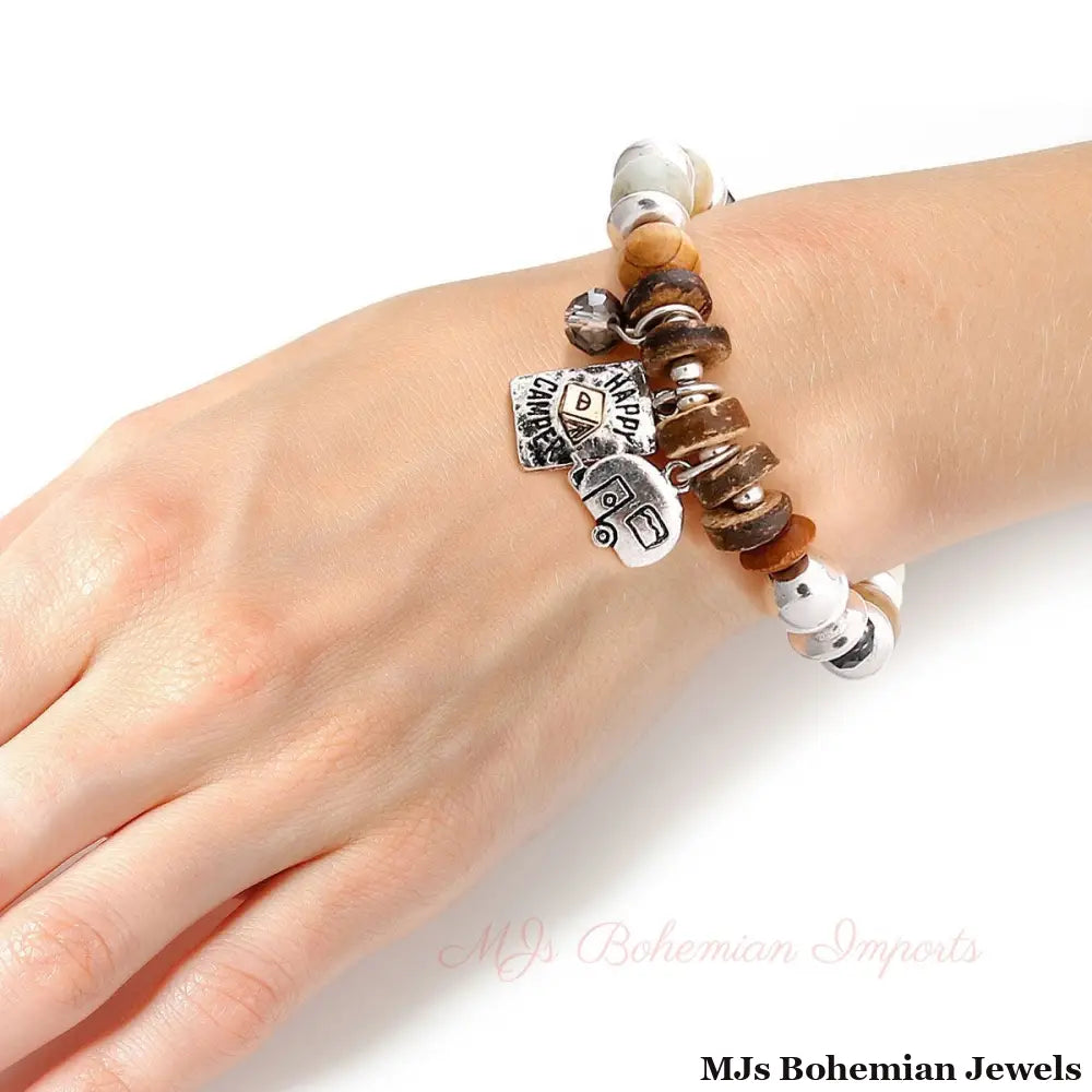 Wooden Mixed Bead Happy Camper Bracelet
