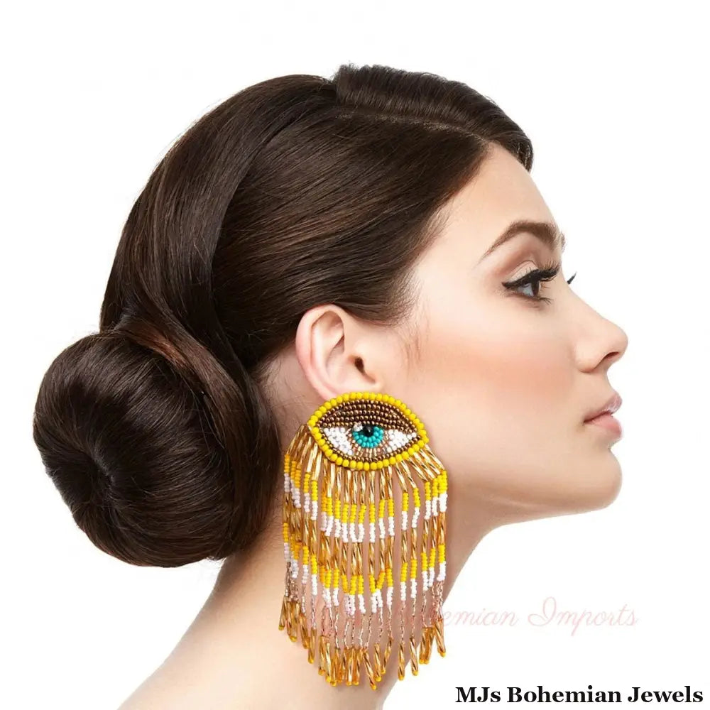 Yellow and Gold Bead Eye Fringe Earrings