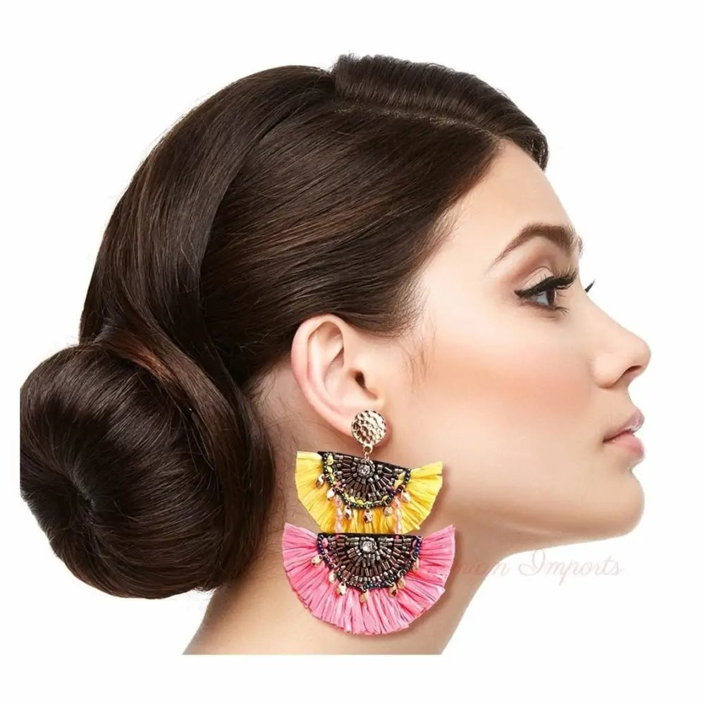 Yellow and Pink Raffia Tassel Earrings