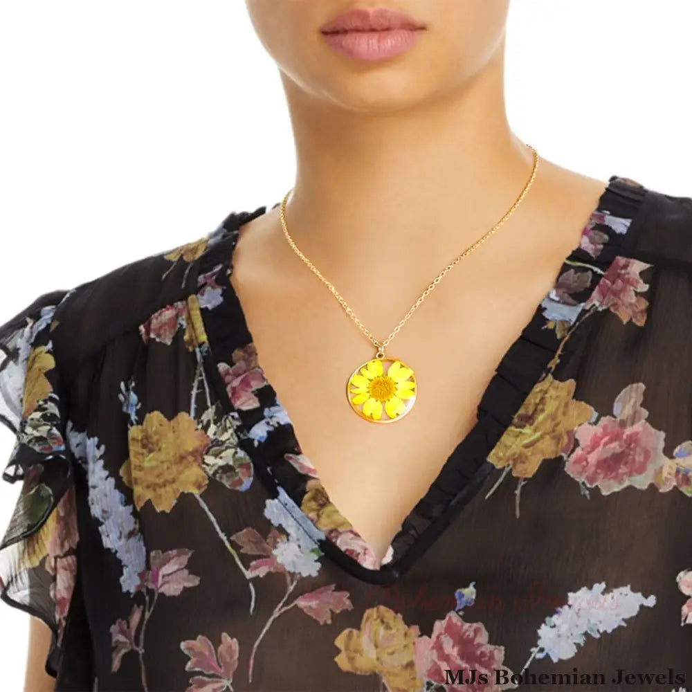 Yellow Daisy Dried Flower Necklace