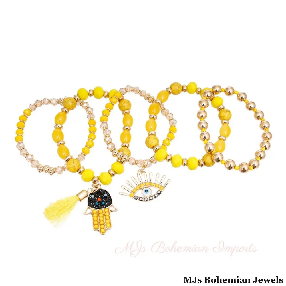 Yellow Evil Eye 5 Pcs Bracelets