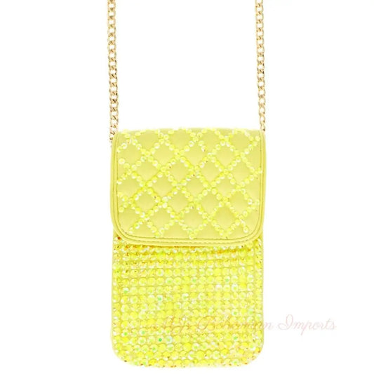 Yellow Quilted Rhinestone Cellphone Bag