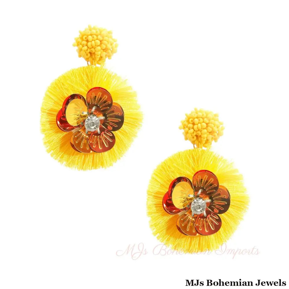 Yellow Sequin Flower Tassel Earrings