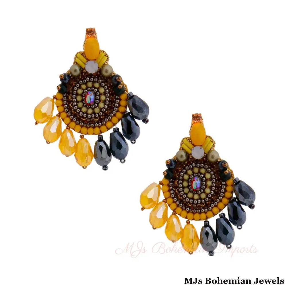 Yellow Teardrop Bead Embroidered Earrings