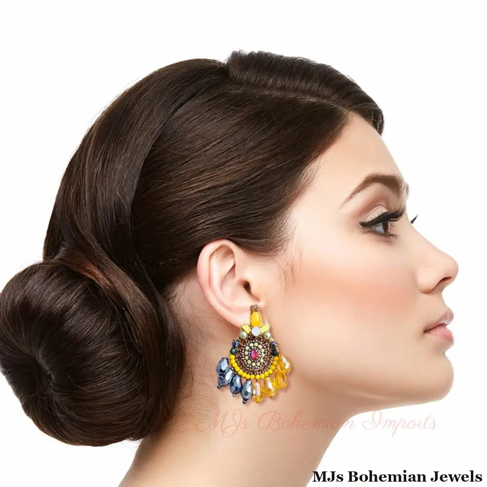 Yellow Teardrop Bead Embroidered Earrings