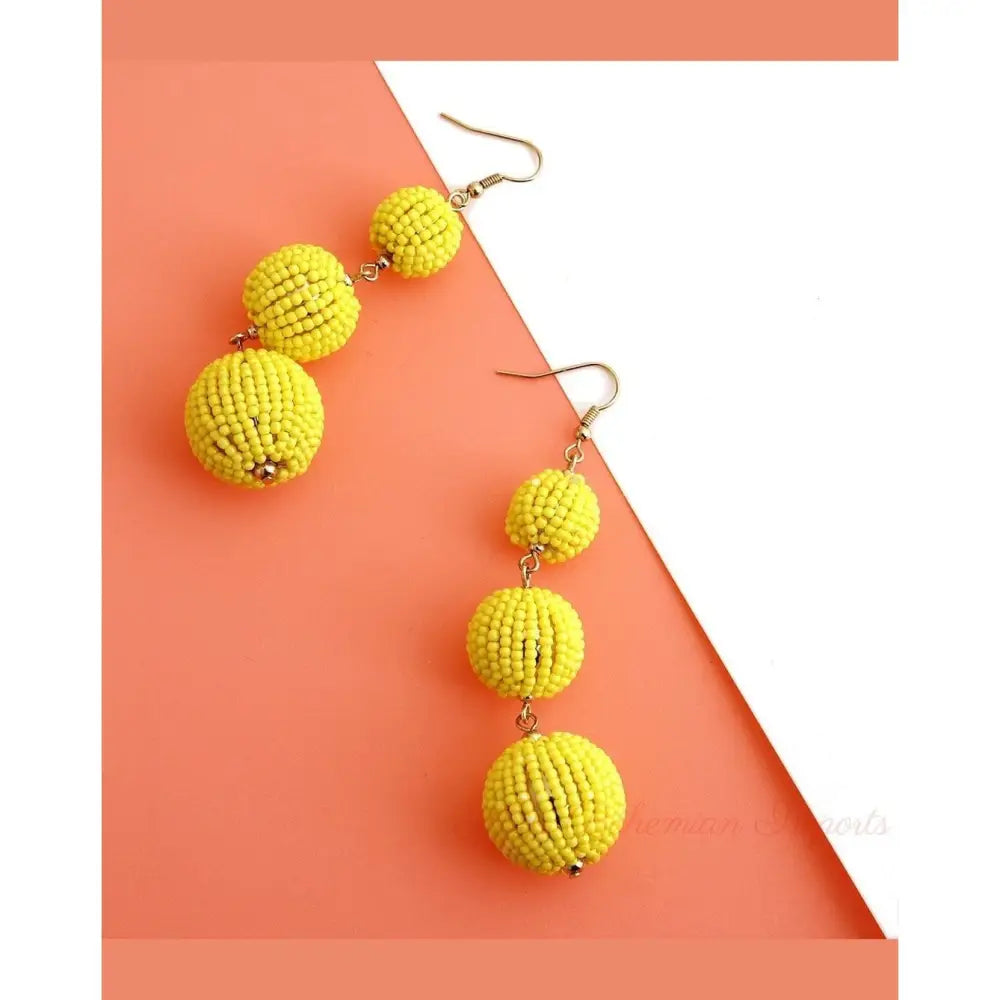 Yellow Trio Seed Bead Ball Earrings